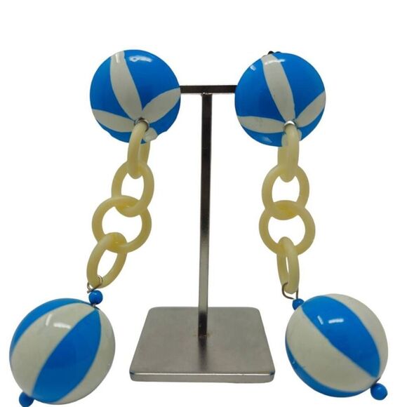 Blue and White Striped Ball Dangle Clip-Ons - Picture 2 of 6